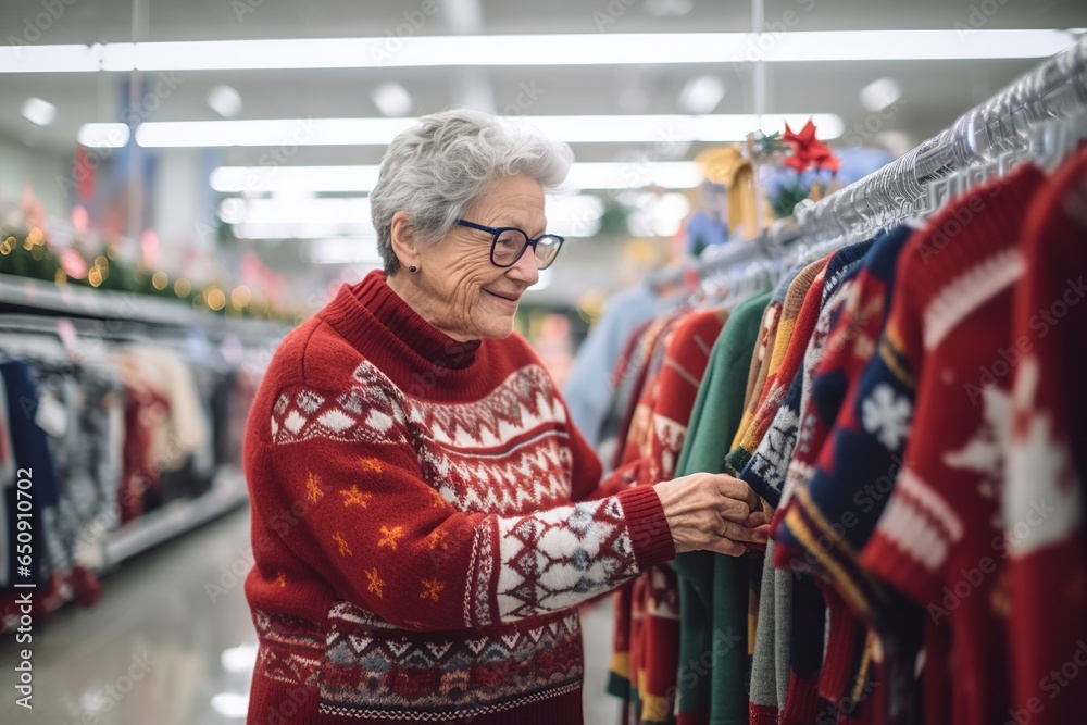 senior woman choosing christmas ugly sweater in a mall or supermarket. Happy old lady shopping christmas gifts. Smiling grandma buying presents to her family - obrazy, fototapety, plakaty 