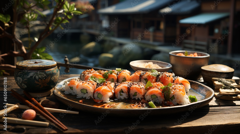 Sushi, a typical Japanese dish based on rice, filled with fish, seaweed, nori, eggs, etc Sushi, a typical Japanese dish based on rice, filled with fish, seaweed, nori, eggs, etc