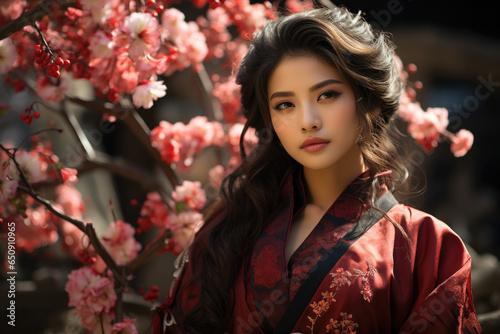 portrait of chinese young beautiful woman wearing traditional floral hanfu photo