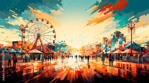 Fotografia Impressionistic painting of a boardwalk and amusement park