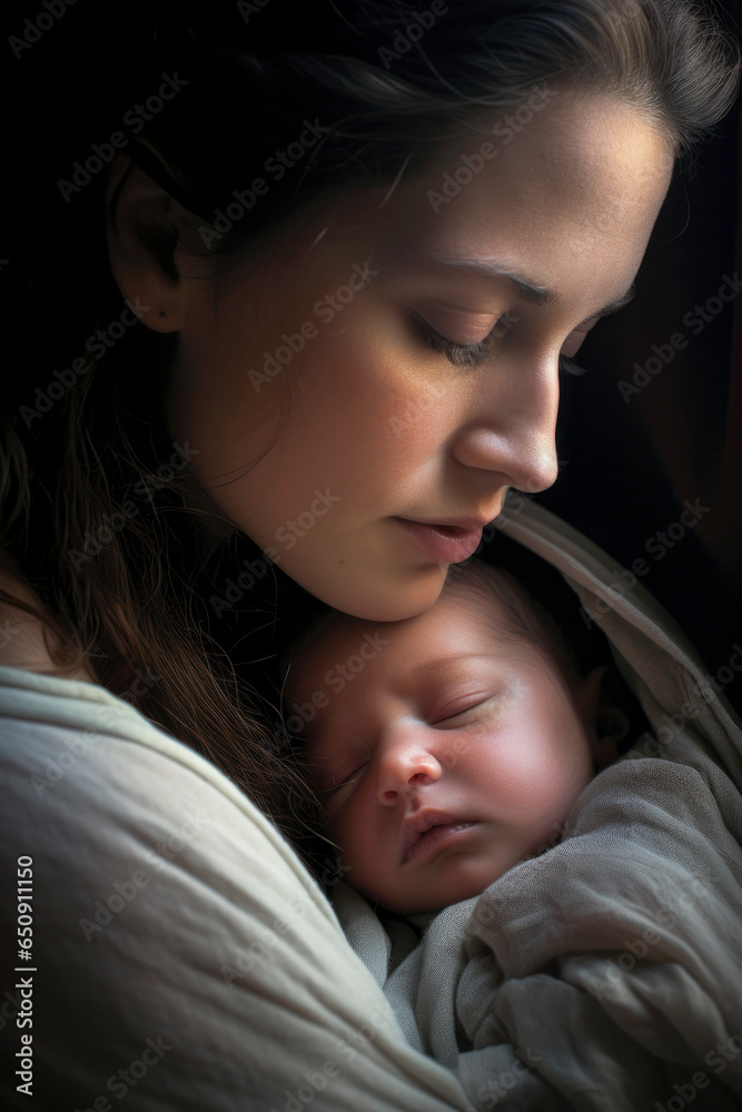Generative AI illustration of side view of crop calm young woman embracing and caressing adorable baby against dark background Generative AI illustration of side view of crop calm young woman embracing and caressing adorable baby against dark background