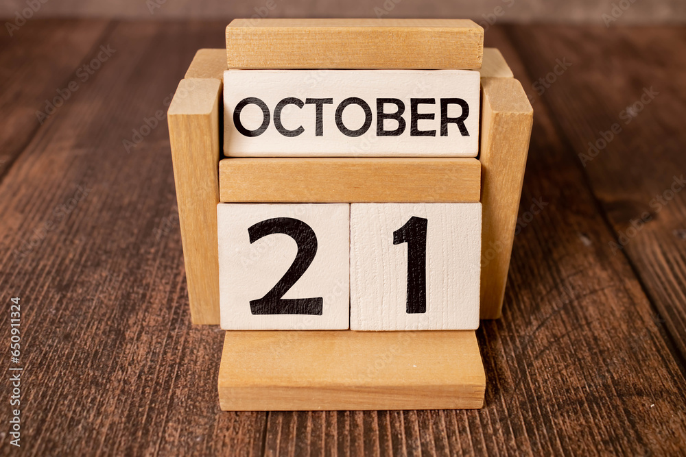 October 21 calendar date text on wooden blocks with copy space for ideas. Copy space and calendar concept. - obrazy, fototapety, plakaty 