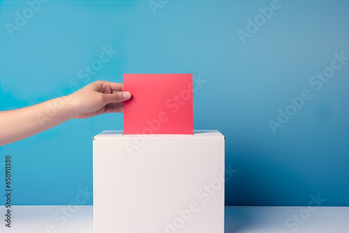 Generative AI illustration of crop anonymous person putting the vote in ballot box against blue background photo