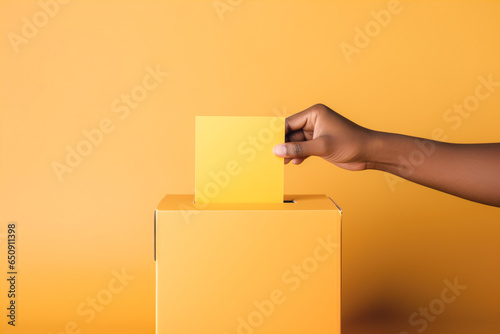 Generative AI illustration of crop anonymous black person putting the vote in ballot box against blurred background