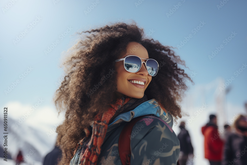 Generative AI portrait of happy African American woman in warm clothes and sunglasses looking away while standing against snowy mountains in winter
