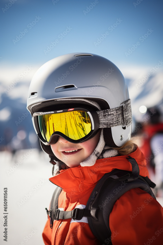 Generative AI portrait of happy kid in warm clothes and ski goggles looking at camera while standing against snowy mountains in winter Generative AI portrait of happy kid in warm clothes and ski goggles looking at camera while standing against snowy mountains in winter