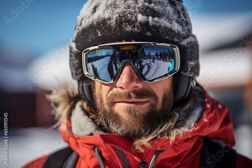 Generative AI portrait of man in warm clothes and ski goggles looking at camera while standing against snowy mountains in winter photo