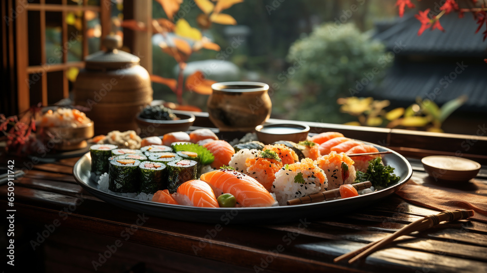 Sushi, a typical Japanese dish based on rice, filled with fish, seaweed, nori, eggs, etc Sushi, a typical Japanese dish based on rice, filled with fish, seaweed, nori, eggs, etc