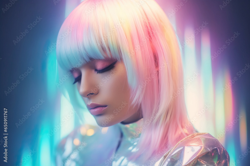Generative AI image of crop calm young woman with dyed hair and closed eyes against colorful background Generative AI image of crop calm young woman with dyed hair and closed eyes against colorful background