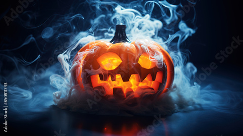 Generative AI image of glowing carved pumpkin among smoke placed in dark background as Halloween concept photo