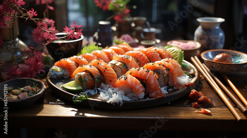 Sushi, a typical Japanese dish based on rice, filled with fish, seaweed, nori, eggs, etc