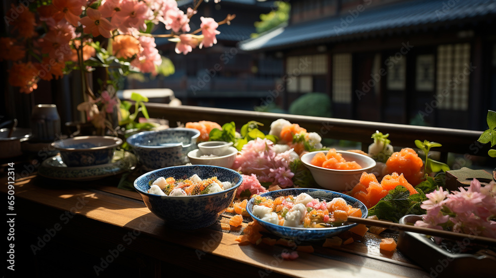 Sushi, a typical Japanese dish based on rice, filled with fish, seaweed, nori, eggs, etc