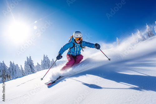 Skier skiing downhill in high mountains at sunny day. Winter sport. Winter sports activities. Skiing 
