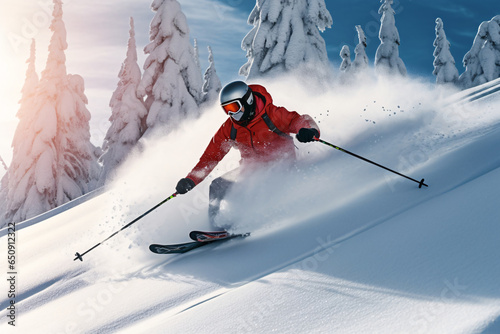 Skier skiing downhill in high mountains at sunny day. Winter sport. Winter sports activities. Skiing 