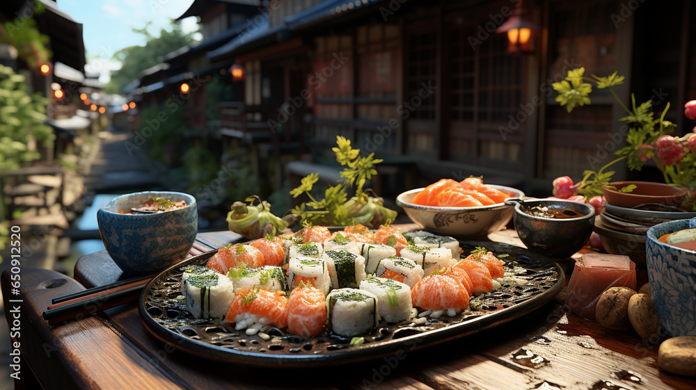 Obraz premium Sushi, a typical Japanese dish based on rice, filled with fish, seaweed, nori, eggs, etc