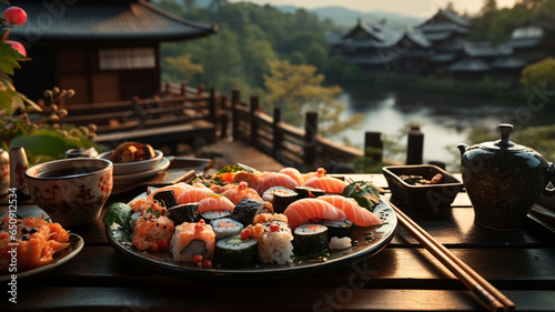 Sushi, a typical Japanese dish based on rice, filled with fish, seaweed, nori, eggs, etc