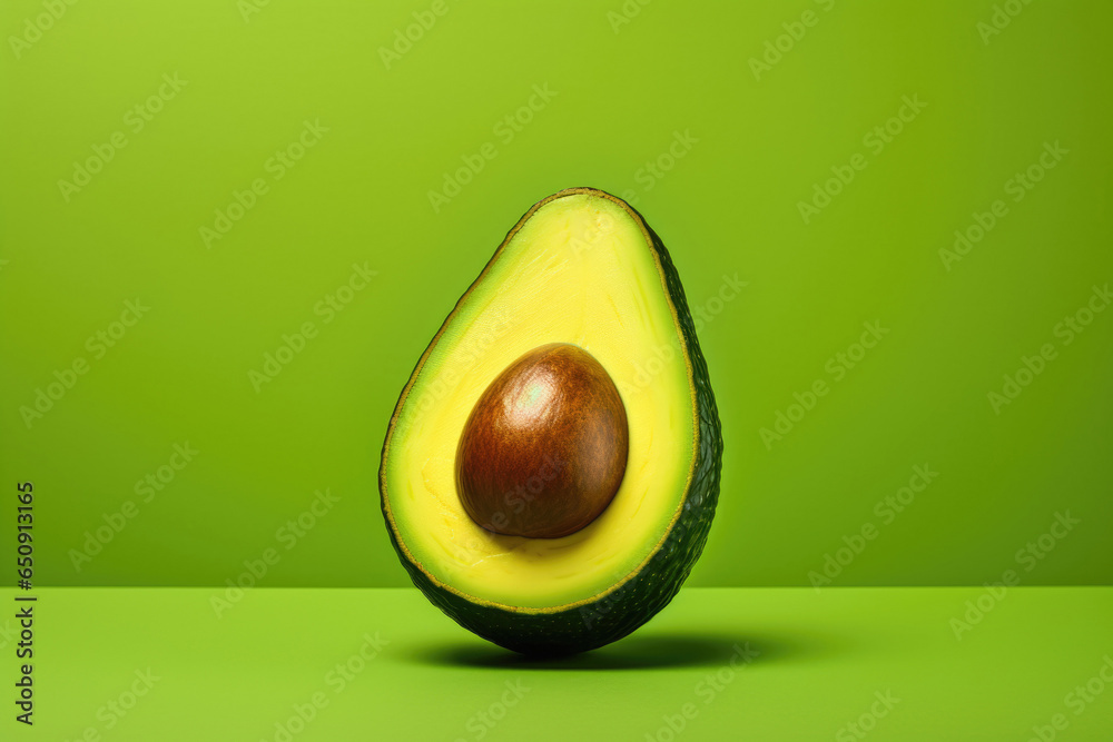 Ripe half of an avocado on a green background