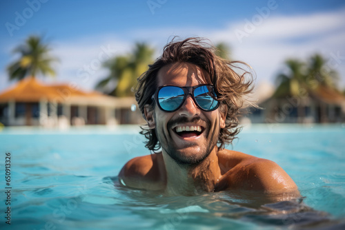 A man in glasses swims in the pool on a sunny day