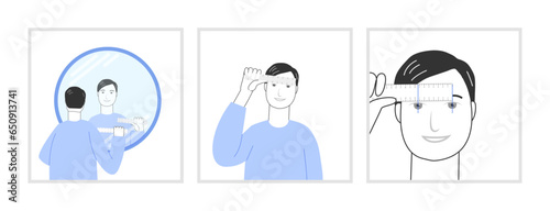 Set of stages character self measuring pupil distance with ruler for order glasses. Flat modern cartoon style blue color trendy vector medical illustration isolated on white. Ophthalmic exam concept.