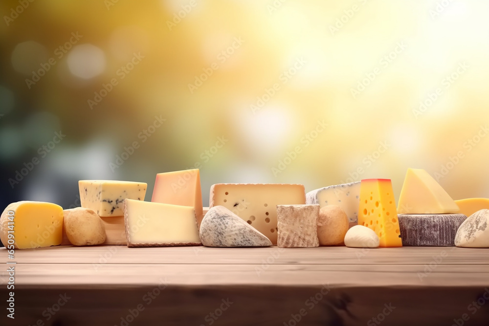 Different types of cheese on the wooden table, abstract blurred background, copy space. Generative AI