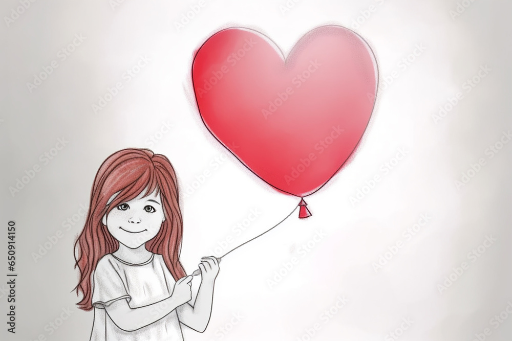 Little girl with a heart shape balloon, Valentine day, hand drawing, cartoon style. Generative AI Little girl with a heart shape balloon, Valentine day, hand drawing, cartoon style. Generative AI