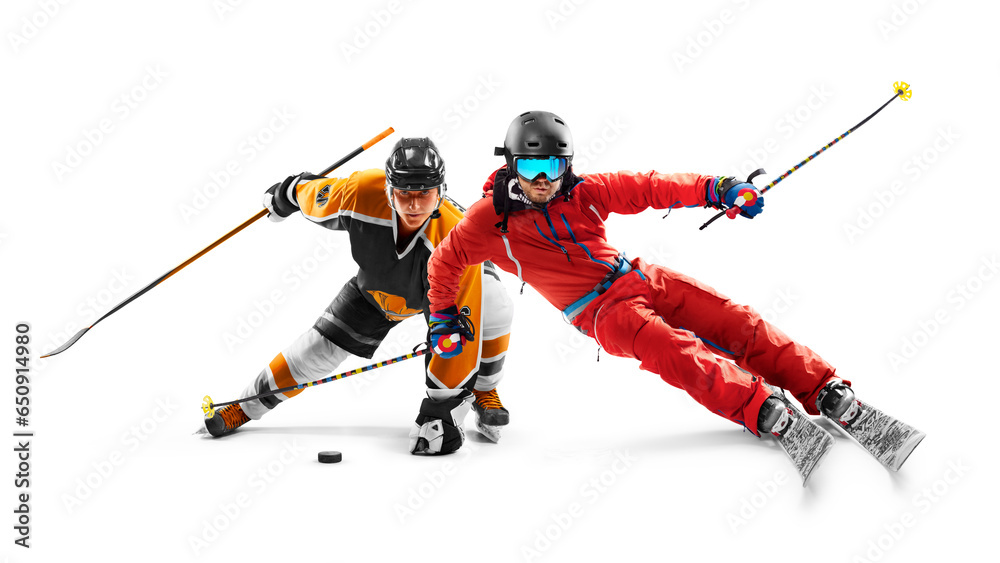 Sport in action. Skiing and hockey. Winter sports. Two professional athletes. Sport collage. Isolated in white Sport in action. Skiing and hockey. Winter sports. Two professional athletes. Sport collage. Isolated in white