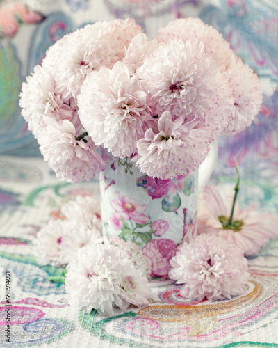 Beautiful bouquet of a pink fresh chrysanthemums. Pastel tonality. Soft focus.
