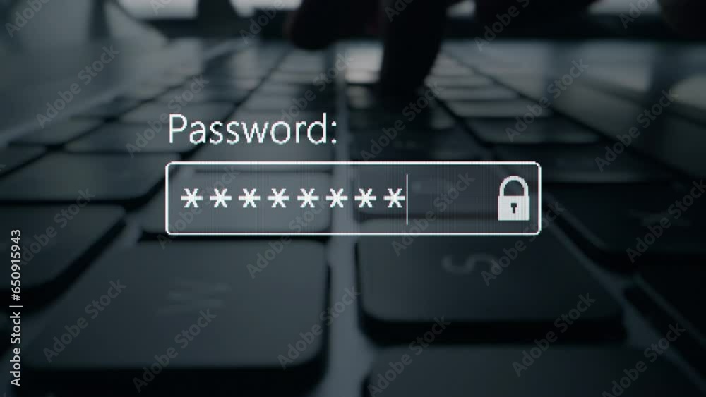 A user enter a password to website form box in internet browser by keyboard. Hacker hacking a personal banking account password on a computer screen. Typing password on login page. Entry pin code