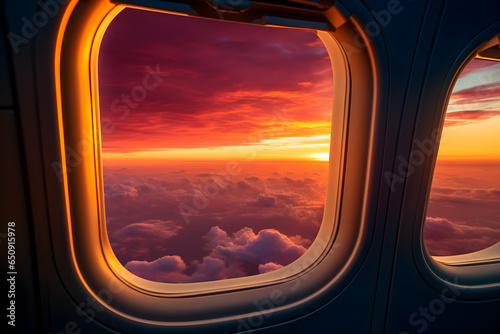 beautiful sunset viewed from airplane window