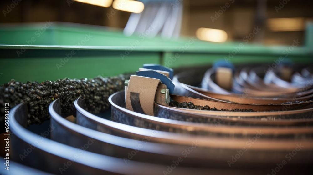 A closeup shot captures a network of conveyor belts transporting biomass waste produced during the refining process to a separate waste management unit. This unit employs innovative techniques - obrazy, fototapety, plakaty 
