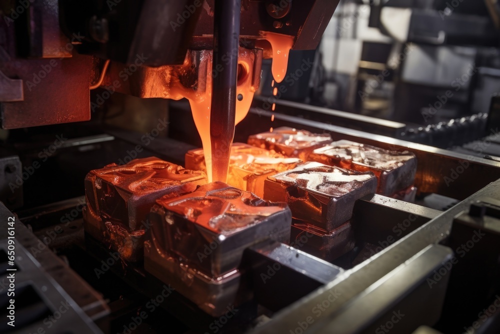 In another closeup shot, we zoom in to witness the intricate process of molding solid ry items. A machine meticulously pours molten material into molds, yielding perfectly shaped bars, sticks, - obrazy, fototapety, plakaty 