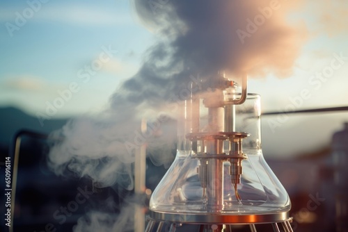 Closeup of a distillation tower with vapor streams dramatically rising, representing the process of separating biofuels from other organic compounds.