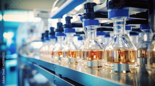Detailed shot of a laboratory equipped with stateoftheart gas chromatography machines, where scientists analyze and identify the precise chemical components of perfume formulations, ensuring