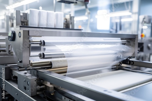 A closeup of a conveyor belt system transporting face mask sheets through a ting stage. The machine precisely s each sheet into equal sizes and shapes, ready to be packaged and used for
