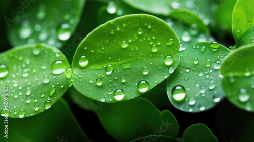 Detailed image capturing the water droplets on the surface of a cosmeceutical plants leaves, ilrating its ability to retain moisture.