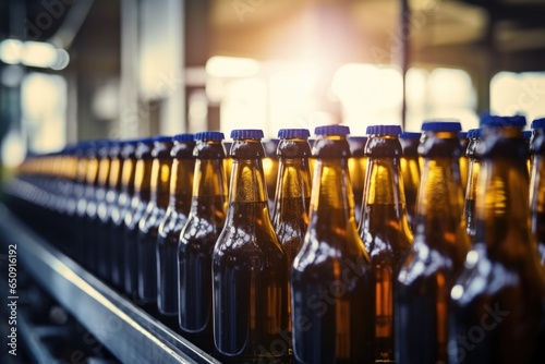 An upclose image of a bottling line  showcasing bottles being washed  sanitized  filled with beer  capped  and labeled with professional precision.