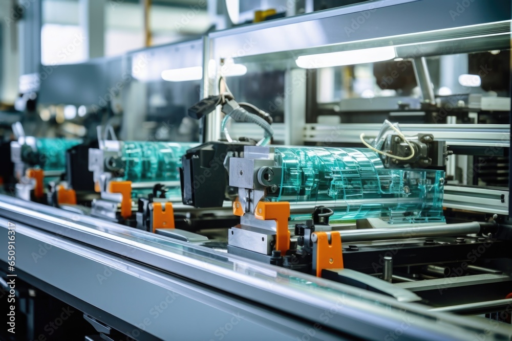 Close up shot of an assembly line, showcasing a series of plastic molding machines, each producing different components. Close up shot of an assembly line, showcasing a series of plastic molding machines, each producing different components.