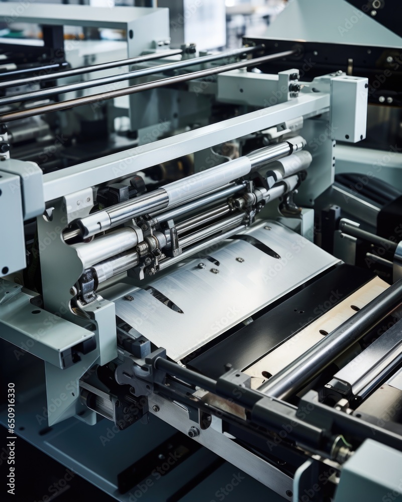Detailed image of a paper feeder system on a printing press, capturing the seamless movement and alignment of each sheet as it enters the machine. Detailed image of a paper feeder system on a printing press, capturing the seamless movement and alignment of each sheet as it enters the machine.