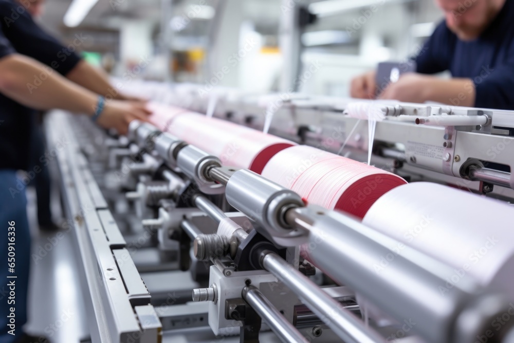 of workers inspecting and meticulously adjusting the tension and alignment of the paper web as it passes through various guide rollers, ensuring uniformity and smoothness. - obrazy, fototapety, plakaty 