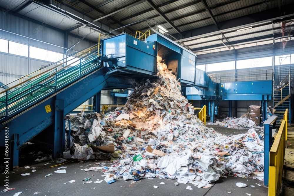 focusing on the recycling station within the plant, where paper waste is meticulously sorted, shredded, and sent through a series of cleaning processes to be reused.