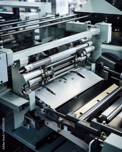 Detailed image of a paper feeder system on a printing press, capturing the seamless movement and alignment of each sheet as it enters the machine.