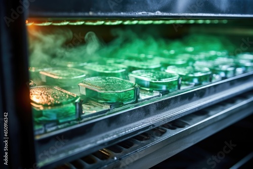 Detailed shot of a glass annealing oven, where newly formed glass products are gradually cooled down over several hours to relieve internal stresses and avoid breakage.