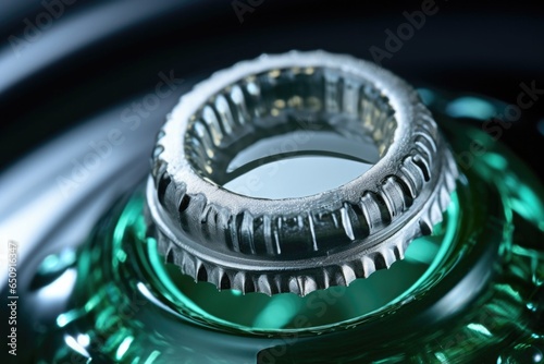 Macro scene showing the precise application of a customdesigned bottle cap onto an unlabeled beverage bottle, revealing the intricate threading and sealing mechanisms. photo