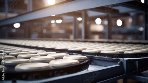 Detailed shot of a large conveyor belt system inside the factory, transporting freshly baked ceramics for cooling. The belt glides effortlessly, ensuring the ceramic pieces undergo the necessary