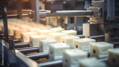 A detailed shot of a soap ting and stamping machine in action. Bars of soap are continuously fed into the machine, which accurately s them into desired shapes and impresses logos or patterns.