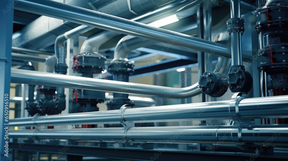 A closeup of the intricate piping system within the factory reveals a network of stainless steel pipes, transporting the ecofriendly fuel from one processing unit to another. Each pipe is