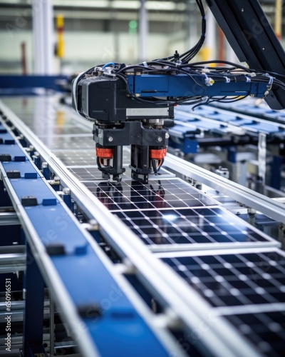A closeup view of automated robotic arms precisely sorting and stacking solar panels in a clean energy plant. The arms move gracefully and with impeccable accuracy, highlighting the advanced
