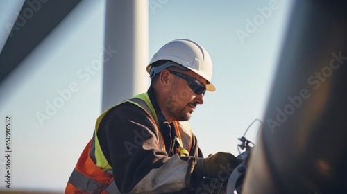 A closeup shot of a worker meticulously conducting routine maintenance on a wind turbine within the clean energy park. The image showcases the commitment to sustainability through regular