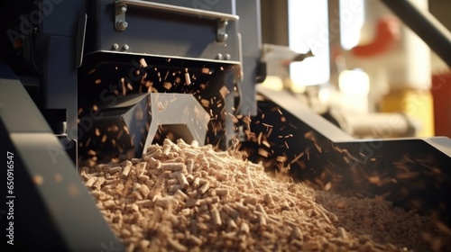 Closeup image of a biomass pelletizing machine, compressing and shaping organic waste into dense pellets for easy storage and transportation. photo