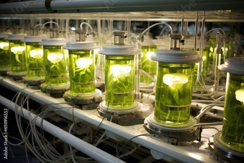 A detailed image depicts a large array of photobioreactors filled with algae. The photobioreactors utilize sunlight to promote the growth of microalgae, which can be used in the bioconversion photo